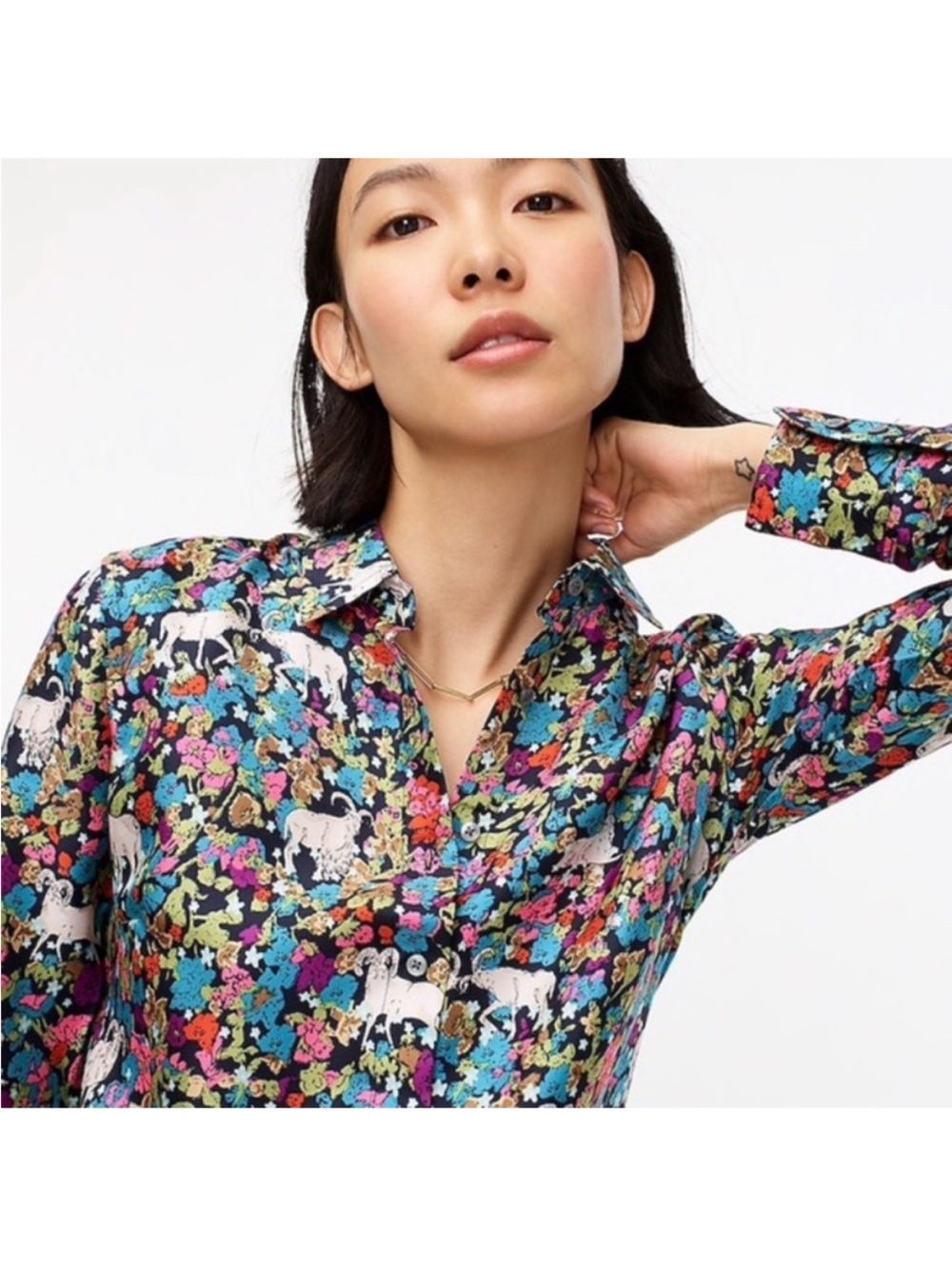 J Crew Collection silk twill shirt in grazing goats print Button Down sz 12
